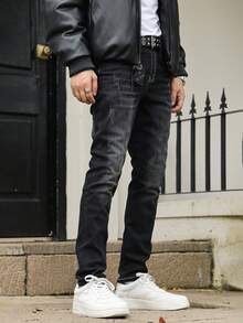 Men's Cat Scratch Textured Elastic Slim Fit Straight Leg Jeans, Loose Fit Long Style, Horseshoe Wash, Retro Blue, Y2K Style, Suitable For Casual Outings With Friends - Black - View 6