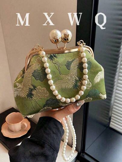 New Retro Green Fabric Faux Pearl Chain Clutch Bag, Women Versatile Shoulder Handbag For Party And Daily Use, Elegant Pearl Bag