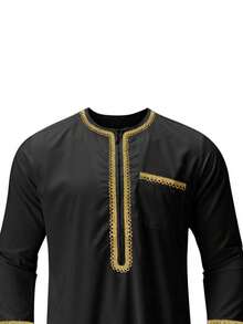 Hot  Men'S Kaftan Robe, Gold Embroidery Long Sleeve Round Neck Loose Robe  National Clothing - Black - View 3