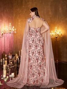 UNITHORSE [Random Print] Plus Women's Stand Collar Floating Piece Sleeve Off Shoulder Back Straps Design Slim-Fitting Evening Dress - Pink - View 2