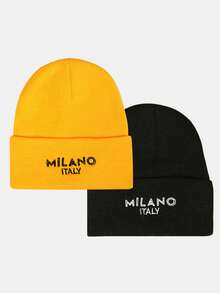 2顶男女通用米兰刺绣针织帽，时尚百搭男女冬季帽饰 - 彩色 - 查看 4