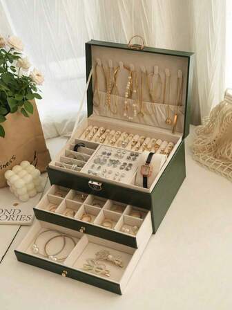 1 st smyckeskrin med 3 våningar, smyckeorganisatör för kvinnor, rektangulär förvaringslåda för smycken på skrivbordet med 3 lådor, rymmer halsband, ringar, örhängen, armband, julklapp, förvaringslåda för kvinnor, reseessens, studentrumsorganisatör