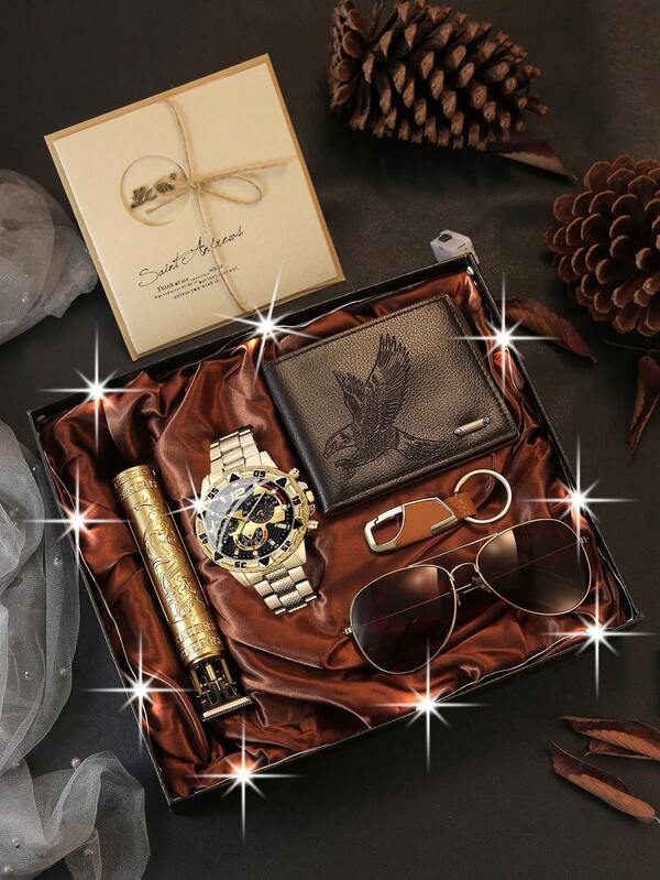7pcs Men's Fashion Stylish Versatile Classic Watch, Eagle Wallet, Grooming Kit, Glasses, Keychain, Atmosphere LED Light, Greeting Card Gift Set With Gift Box, Perfect For Him On Holidays, Birthdays, Father's Day, Daily Accessories