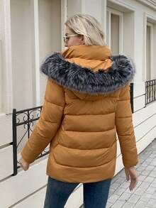 女士冬季仿毛皮拼接夹克，带拉链连帽毛领外套，时尚绗缝外套 - 橘色 - 查看 3