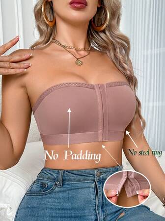 1 pieza Sujetador sin aros de punto de unicolor, cómodo y minimalista con botones delanteros para mujeres, para todas las estaciones