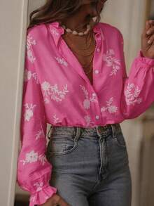 Bestselling Vintage Style Embroidered Ruffle Hem Women Blouse, Floral, Leaf Print, Botanic Button Embroidery Decor, Casual Spring - Hot Pink - View 3
