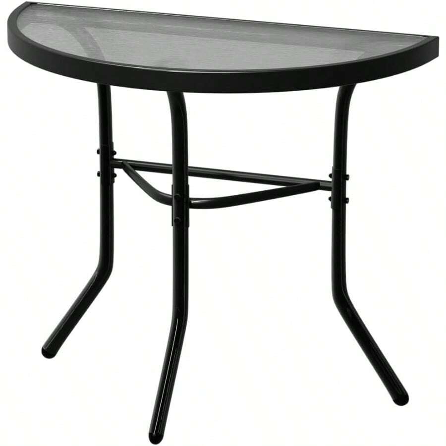 Garden Patio Coffee Table Semicircle Dia.70cm 64cm H Tempered Glass Weather Resistant Outdoor Bistro Side Table For Lounge Conversation Set Balcony Living Room Backyard Black