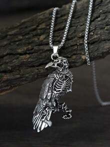 GuoShuang 1pc Vintage Raven Skull Bone Necklace Pendant, Unisex Personalized Gift Decoration - 古董銀 2 - 查看 7