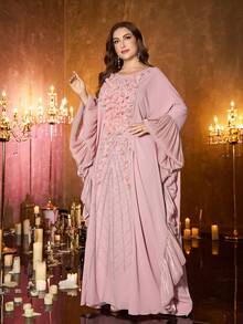 UNITHORSE Plus Size Women's [Random Cut] Stand Collar Batwing Sleeve Dress, New Luxury High-End Elegant Sequin Lace Patchwork Matte Satin Dress - Pink - View 4