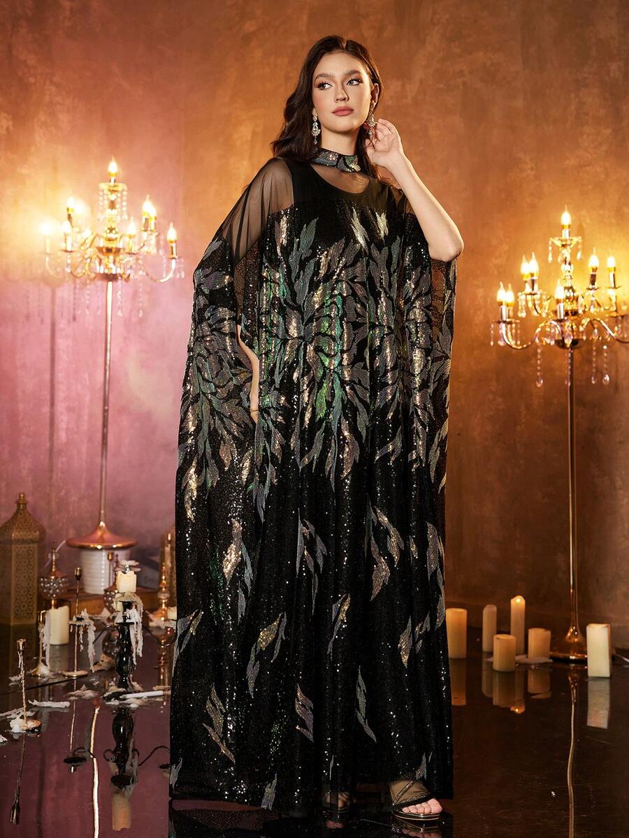 UNITHORSE Women's Stand Collar Batwing Sleeve Long Luxury Beaded Lace Embroidered 2 Pieces Turkish Robe - Black - View 1