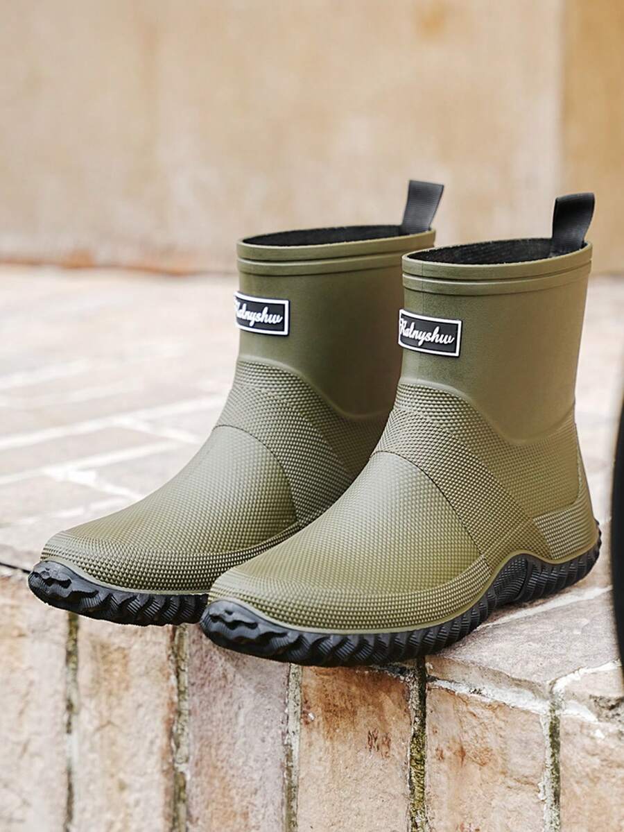 1 Pair Men's Short Waterproof Rain Boots, Outdoor Fishing Rubber Shoes, Classic Solid Color Garden Work Water Shoes, Military Green Rain Boots - Army Green - View 1