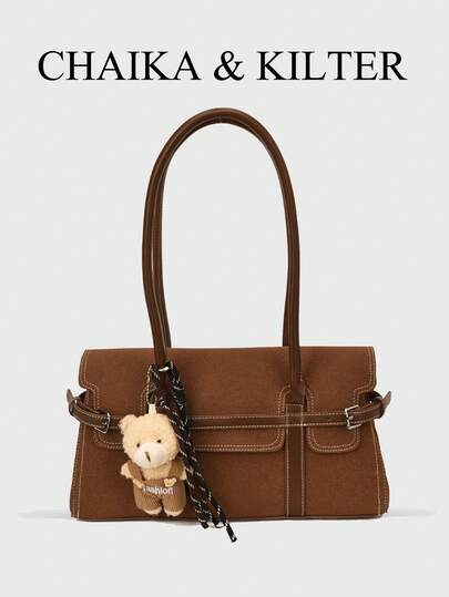 1pc CHAIKA & KILTER Women's Vintage Fashion Suede Matte Crossbody Messenger Bag With Strap Decor, Flap Closure & Dual Handles, Suitable For Daily Commute And Shopping