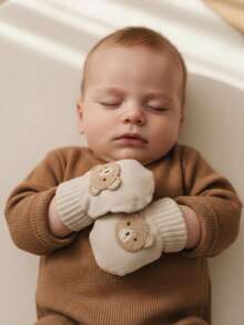 3pcs/Set Embroidered Bear Design Baby Boy Mittens, Cartoon Knitted Thick Warm Gloves, Candy Colors, Suitable For Autumn/Winter, 0-12M