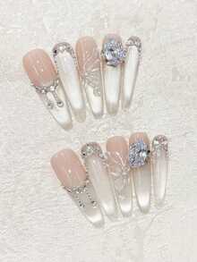 Wedding Essentials Dreamy Ice Butterfly! 10pcs Set Of Delicate Pointed Glitter Cat Eye 3D Ice Transparent Butterfly Decor, Paired With Sparkling Oval Star Tassel Decor, High-End Suitable For Wedding, Date, Gift, Reusable Handmade Nail Stickers With Jelly Gel And Mini Nail Buffer Nails Handmade Press On Nails - White - View 10