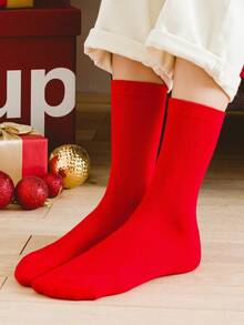 1双男士秋冬人字纹网眼红色棉质中筒袜，情侣款 - 紅色 - 查看 5