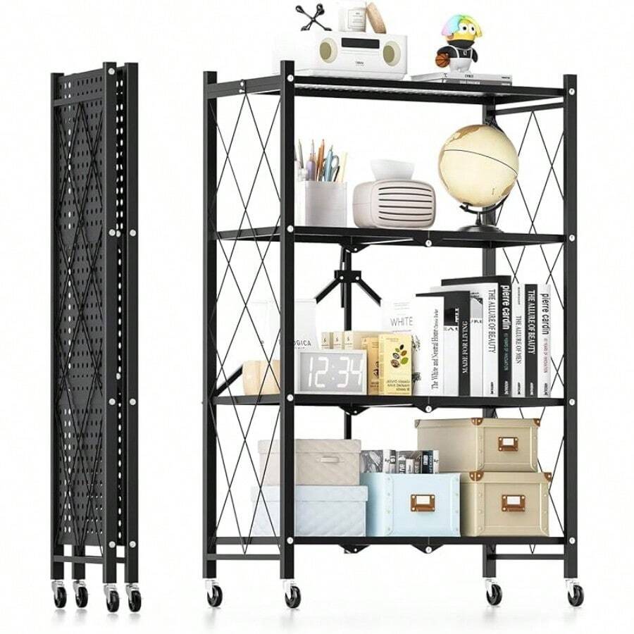4 TierFolding Shelf Storage Racks And Shelving Units On Wheels Metal Foldable Storage Shelves No Assembly For Garage Kitchen Black 4 Layers - As Pic - View 1