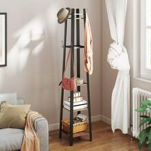 HOMCOM Freestanding Wardrobe With 4 Shelves, Freestanding Clothes Rack, 8 Hooks, 4 Shelves, Industrial Style, Metal, Support Plate, Brown On Site - 1 - View 5