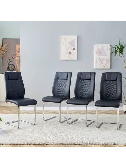 Zwart PU Dining Stoel In Nordic (Four Chairs Inside Box) Mesh Stitching Shiny Zilver Metal Legs Non Slip Feet, Versatility.