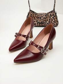 女士酒红色高跟鞋，时尚尖头细高跟鞋，优雅纯色办公室工作派对礼服鞋 - 酒紅色 - 查看 7