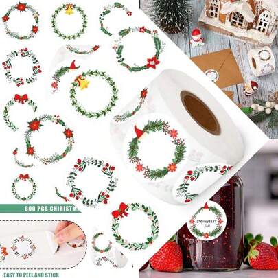 600Pcs Canning Labels For Jars & Lids 1.5" Christmas Wreath Labels For Food Containers, 6 Designs