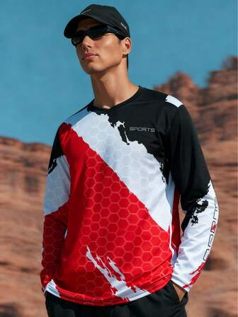 男士运动卫衣，时尚圆领长袖，3D数码印花速干透气上衣，适合钓鱼、徒步旅行、户外跑步、健身、高性能印花衬衫