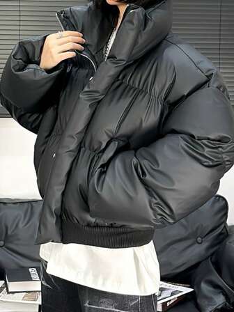 男士立领长袖羽绒服，时尚落肩冬季保暖外套，填充物和PU皮革面料