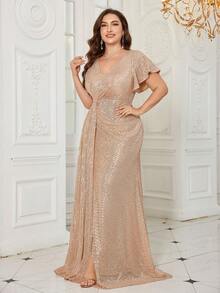 UNITHORSE Plus Size Elegant V-Neck Ruffle Sleeve Cinched Waist Sequin Embellished Pleated Evening Gown - Champagne - View 4