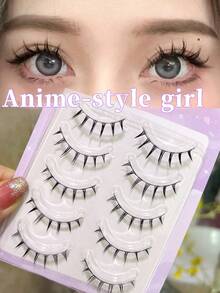 MENGJIESHANGPIN 5对卡通娃娃风格假睫毛，轻盈的欧美细黑睫毛，自然浓密，上镜效果好。