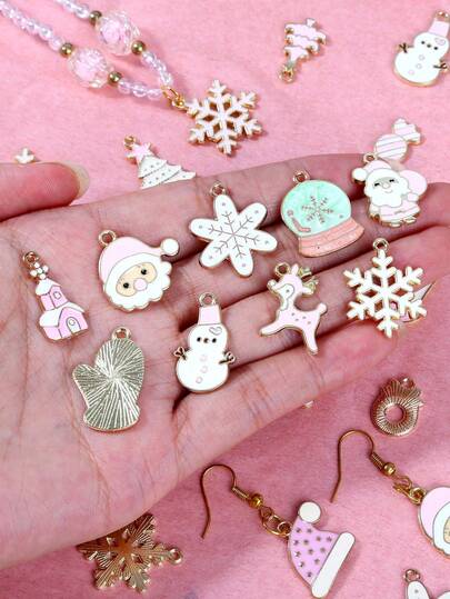 10/20 Stücke rosa Weihnachts-Legierungsschmuck und Dekorationszubehör, Weihnachtsmann Schneeflocke Glocke Anhänger, Zubehör zum Basteln von Halsketten, Armbändern, Ohrringen, Schlüsselanhängern, Weihnachtsdekorationen und -geschenke, Partygeschenke, Geburtstagsgeschenke
