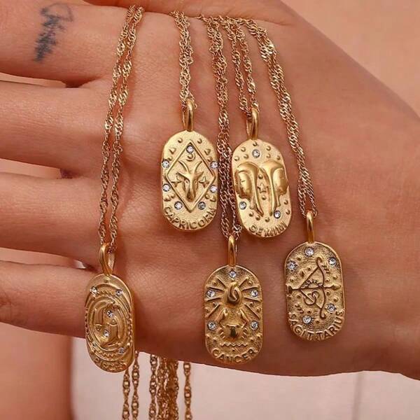 Personalized Square Stainless Steel Pendant Embossment 12 Constellation Sign PVD Gold-Plating Necklace For Women