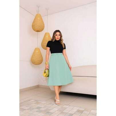 Saia Midi Feminina de Alfaiataria com Botão Frontal – Estilo e Sofisticação