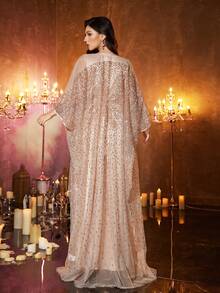 UNITHORSE 女士圆领蝙蝠袖系带长款奢华串珠蕾丝刺绣长袍两件套土耳其长袍 - 香檳色 - 查看 3