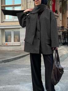 1pc Women's Fashionable & Versatile Solid Color Ribbed Pocket Front Button Jacket (Including Scarf) - Grey - View 5