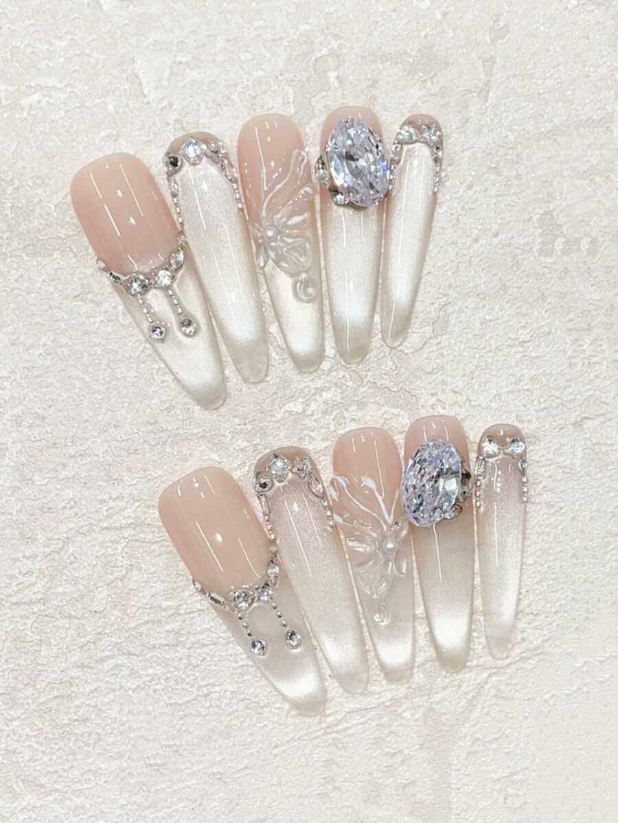 Wedding Essentials Dreamy Ice Butterfly! 10pcs Set Of Delicate Pointed Glitter Cat Eye 3D Ice Transparent Butterfly Decor, Paired With Sparkling Oval Star Tassel Decor, High-End Suitable For Wedding, Date, Gift, Reusable Handmade Nail Stickers With Jelly Gel And Mini Nail Buffer Nails Handmade Press On Nails