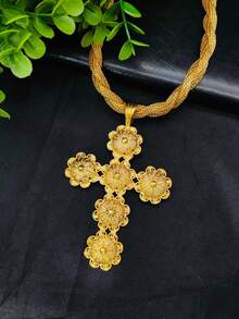 1pc Fashionable Women's Gold Cross Pendant Necklace, Suitable For European & American Wedding, Party, Daily Wear, Holiday Gift - Yellow Gold - View 4