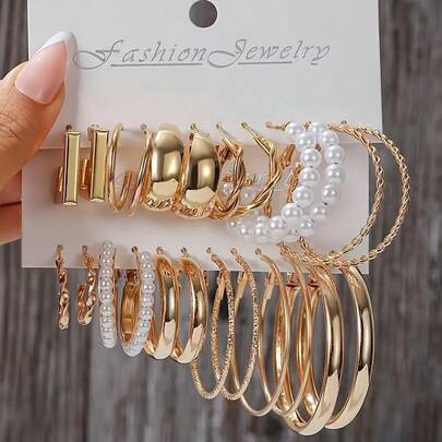 24pcs Elegant Geometric Hoop Earrings Set, Faux Pearl Embellished Round Earrings, Versatile For Women's Daily, Party, Date, Wedding Jewelry