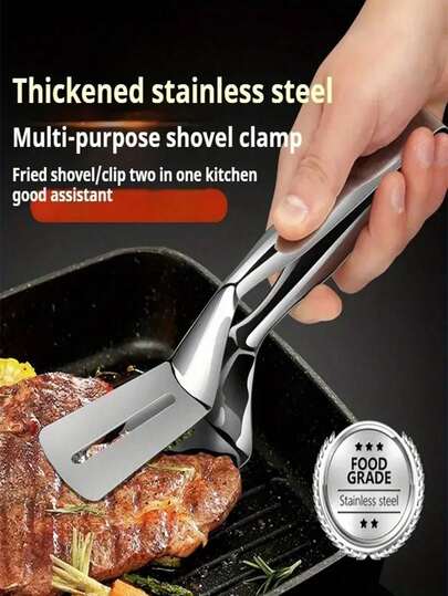 1pc Multifunctional Thickened Stainless Steel Food Tong, Practical Style Silver Integrated Shaped Detail Food Flipping & Gripping Kitchen Tongs For Grilling Steak Frying Food Daily Cooking & BBQ Party Meal Preparation