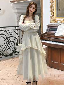 Women's Elegant Evening Party Dress Long Sleeve Ruffles Mesh Patchwork Dresses Christmas Birthday Wedding Guest Dress Autumn French Style Female Fall Vintage Chic New Year Night Going Out Outfits