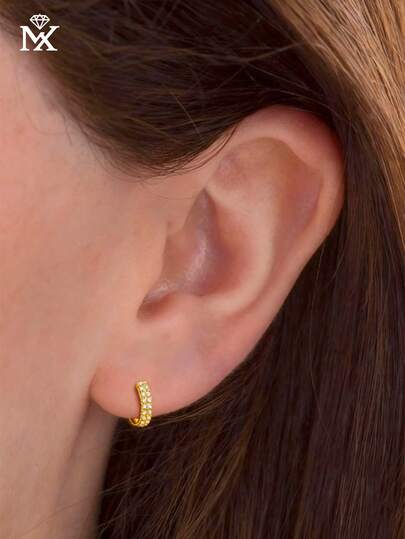 925 Sterling Silver Double Row Cubic Zirconia Small Hoop Earrings, Fashionable Jewelry Gift For Women