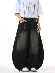 1件 Justice Brother 复古做旧破洞拼接筒腿牛仔裤，休闲宽松嘻哈风男士长裤 - 黑色 - 查看 6