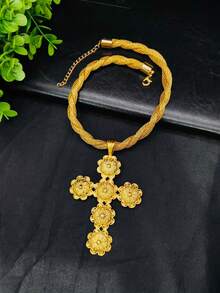 1pc Fashionable Women's Gold Cross Pendant Necklace, Suitable For European & American Wedding, Party, Daily Wear, Holiday Gift - Yellow Gold - View 3