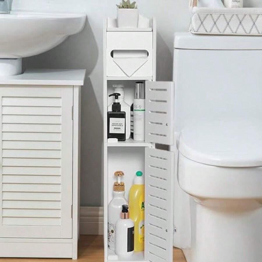 Storage Cabinet For Bathroom Toilet Roll Holder For Small Spaces Over The Toilet Cabinet For Skinny Bathroom Storage Corner Floor Slim Paper Cabinet With 2 Doors - White - View 1