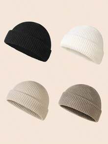 2pcs Men's Fashionable Solid Color Beanie Hats, Knitted Warm Casual Hats Suitable For Autumn/Winter Outfits Winter Clothing - 3Pcs - View 6