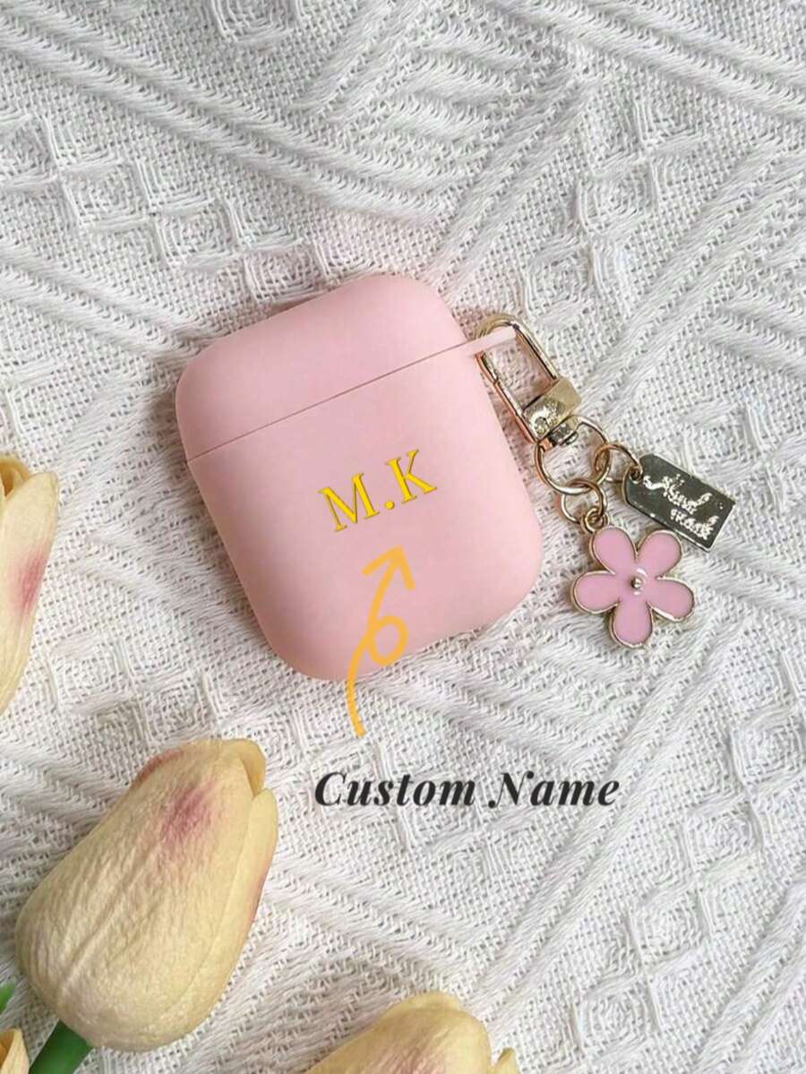 Personalized (With Small Flower Hook) Pink Simple Flower Shockproof Case Cover For Earphones, Compatible With Apple 1/2 3 Pro, Customized Letter Name, Back To School, Valentine's Day Gift, Good Birthday Gift, Holiday Gift, Gift For Men And Women, Personalized Gift - Pink - View 1