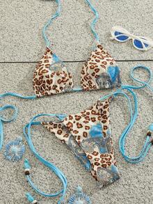 Sultry Sol 2pcs Leopard Print Sexy Lace-Up Backless Women Bikini Swimsuit, Beach Vacation Summer - Multicolor - View 3