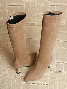 女士休闲简约中筒靴，侧拉链设计，秋冬季，高跟 - 杏色 - 查看 3