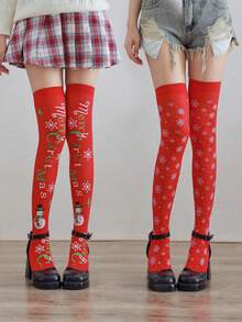 1 Pair Of Ladies' Red Christmas Knee High Stockings, Autumn And Winter Thick Snowflake Stockings, Half Cut Socks, Spotted Printed Thigh Socks, Holiday Party Funny Y2k Breathable Lace Splicing Anti Slip Cute Tight Socks - Red - View 2