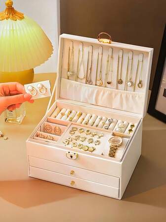 Organizador de joyería para mujeres y niñas, organizador de joyería de 3 capas con cerradura y cajón, estuche portátil para joyas con bandejas extraíbles para guardar aretes, anillos, collares, pulseras y gafas de sol