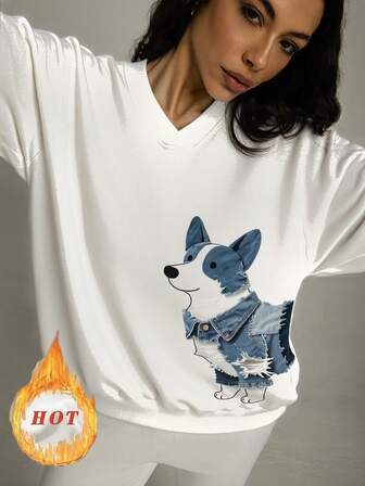 Women's Autumn/Winter Essentials For Everyday Wear, Casual Streetwear, White, Stretch, Comfortable, Thermal Lined, V-Neck Long-Sleeved T-Shirt, Thermal Lined, Cute Top, Women's Long-Sleeved Sweatshirt