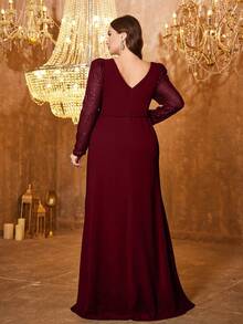 圆领露背亮片拼接连衣裙，公主长袖，腰部收褶，高开衩雪纺裙摆，伴娘晚礼服，春季婚礼派对礼服 - 酒紅色 - 查看 2